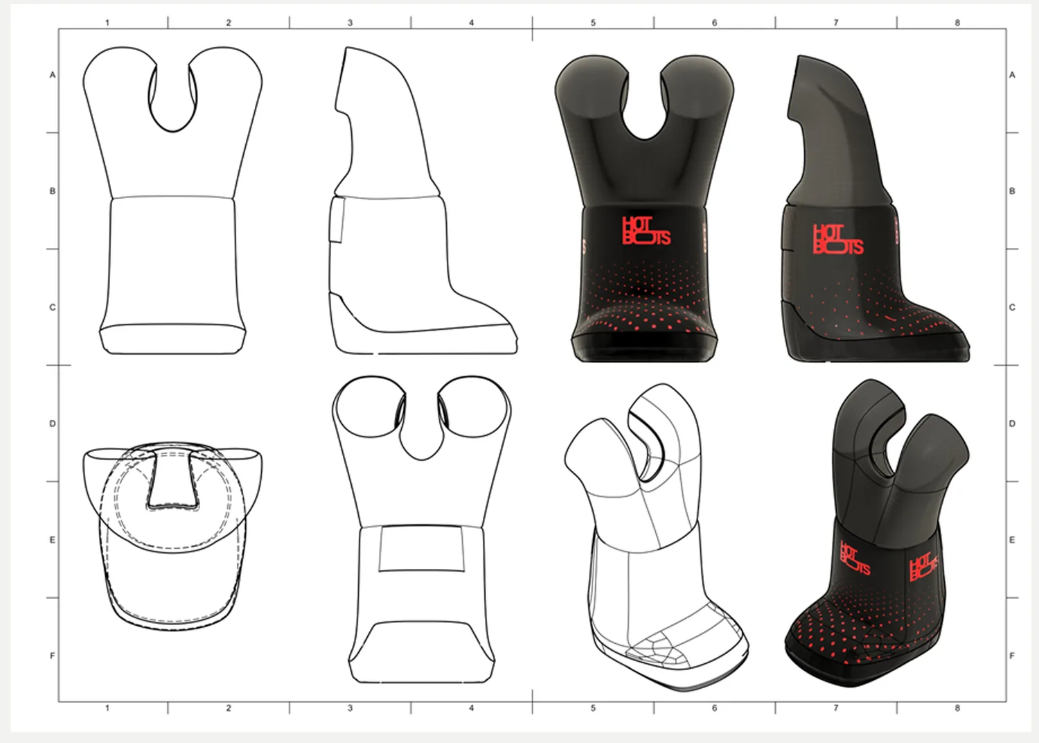 Technický výkres — návlek Hotboots, pravoúhlé pohledy a 3D fáze